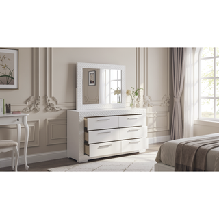 Sunvega Modern White Wood Dresser with Six Spacious Drawers and Plush Red Linings