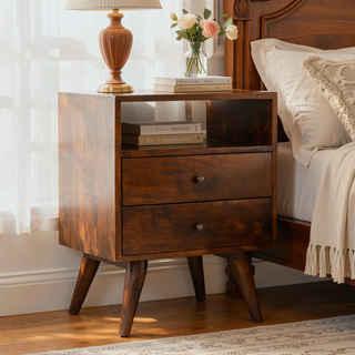 Sunvega Classic Chestnut Mango Wood Nightstand with Brass Knobs and Nordic Legs