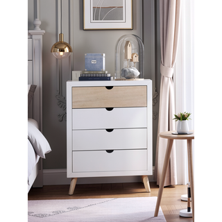 Sunvega White and Natural Finish Pine Wood Nightstand with Drawer and Shelf