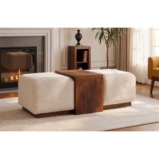 Sunvega Solid Mango Wood Duo Bench with Boucle Seats in Warm Honey Caramel Finish