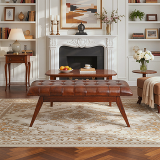 Sunvega Mid Century Modern Leather Bench with Solid Wood Frame and Tapered Legs for Living Room