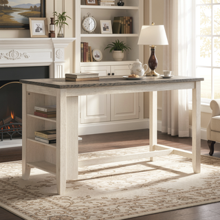 Sunvega Antique White and Rosy Brown Wooden Counter Height Table with Built-in Shelves