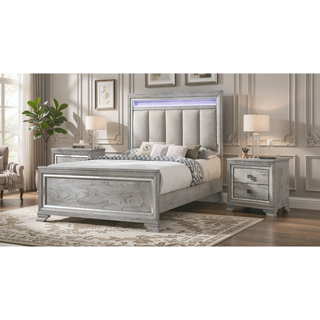 Sunvega Light Gray Finish Contemporary Nightstand with Two Drawers and Bevel Mirror Accents