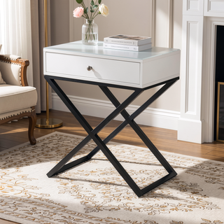 Sunvega Koda White Wooden End Table with Glass Top and Drawer