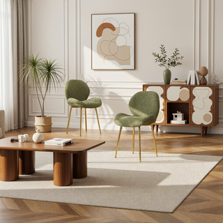 Sunvega Modern Minimalist White Teddy Velvet Dining Chairs Set of 2 with Gold Metal Legs