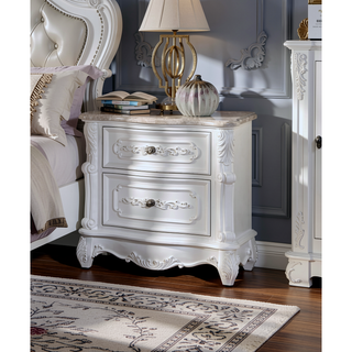 Sunvega White Transitional Nightstand with Faux Wood Carving and Nickel Hanging Pulls