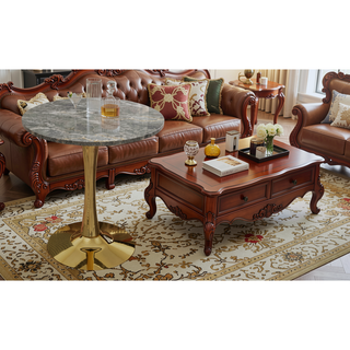 Sunvega Round White Pedestal Side Table with Marble Effect Top for Living Room