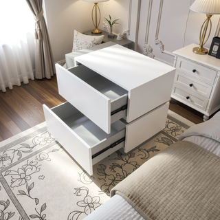 Sunvega Modern White Lacquer Nightstand Table with 2 Drawers for Bedroom