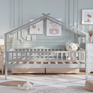 Sunvega Twin Size Wooden House Bed with Two Drawers and Headboard in White