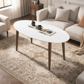 Sunvega Mid Century Modern Style Solid Wood White Top Oval Dining Table