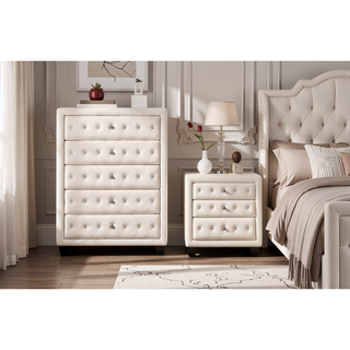 Sunvega Sophia Cream Velvet Upholstered Crystal Tufted 5-Drawer Chest for Bedroom