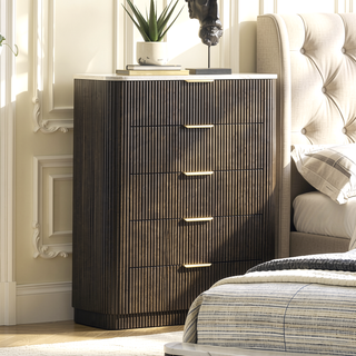 Sunvega Contemporary Dark Walnut Finish Chest with Artificial Marble Top and Metal Side Glides