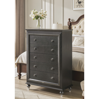 Sunvega Kaitlyn Metallic Gray Finish Wood Nightstand with Two Drawers and Crystal Trim