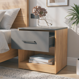 Sunvega Natural Oak and Matt Grey Nightstand with Drawer and Open Storage Shelf