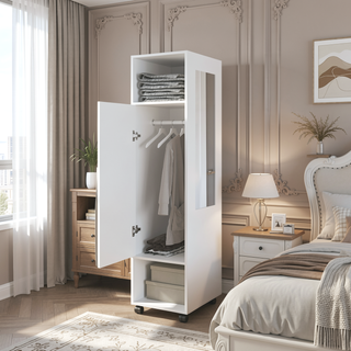 Sunvega White Bedroom Wardrobe with Spacious Shelves and Integrated Mirror