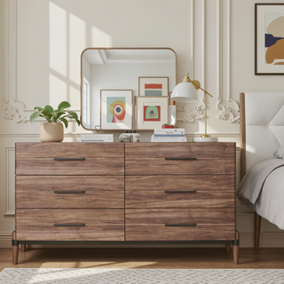 Sunvega Walnut Finish Six Drawer Dresser with Antique Bronze Hardware and Metal X Base