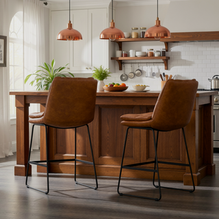Sunvega Camel Brown Vegan Faux Leather Upholstered Counter Height Stool Set of 2