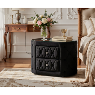 Sunvega Modern Oval Nightstand with Plush Tufted Upholstery and 8mm Tempered Glass Top
