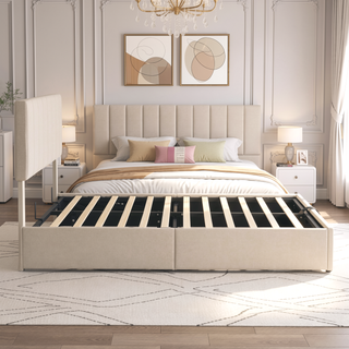 Sunvega Upholstered Platform Bed with Hydraulic Storage System in White Linen