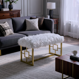 Sunvega White Faux Fur Upholstered Bench with Gleaming Gold Metal Legs