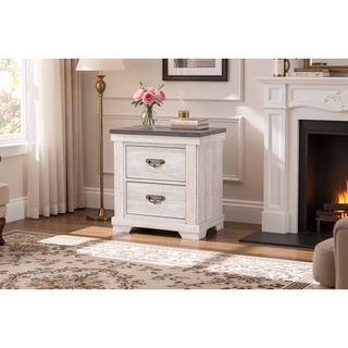 Sunvega Farmhouse Rustic Style Two Drawers Nightstand with Metal Pull and Gray Top