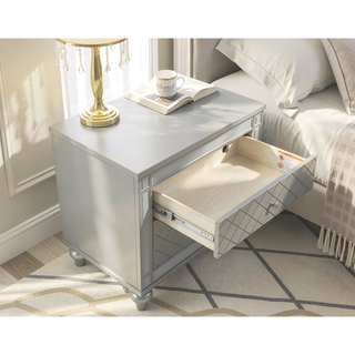 Sunvega Modern Luxury Nightstand with Silver Finish and Diamond Patterned Drawer Fronts