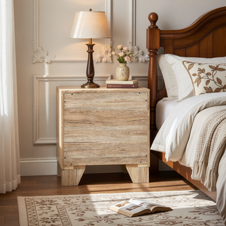 Sunvega Natural Wood Nightstand with 2 Dovetail Drawers and Metal Handle