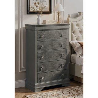 Sunvega Modern Metallic Gray Wood 5-Drawer Chest with Textured Surface and Crystal Knobs