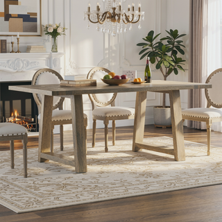 Sunvega Grey Wash Solid Mango Wood Farmhouse Dining Table with Trestle Base