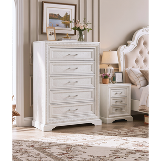 Sunvega Antique White Finish Wooden Nightstand with Two Drawers and Bar Handles