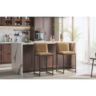 Sunvega Upholstered Linen Bar Stools Set of 2 with Metal Frame and Footrest