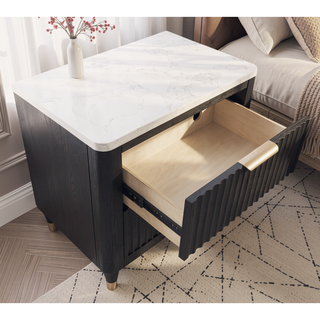 Sunvega Contemporary Black Nightstand with Two Drawers and White Top