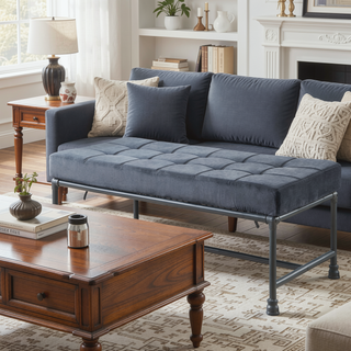 Sunvega Industrial-Inspired Tufted Bench with Grey Velvet Upholstery and Metal Legs