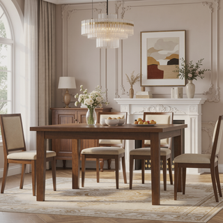 Sunvega 54 Inch Square Walnut Veneer Dining Table for 8 with Solid Wood Legs