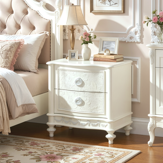 Sunvega Ivory Nightstand with Two Drawers and Floral Details for Bedroom