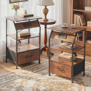 Sunvega Rustic Brown Nightstand with Charging Station USB Outlets and Non-Woven Drawer