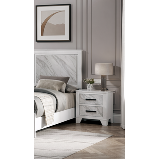 Sunvega White Rubberwood Nightstand with Faux Marble Inset and Black Bar Pulls