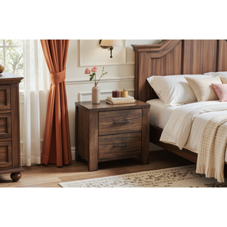 Sunvega Oak Finish Contemporary Wooden Bedside Table with 2 Drawers Storage