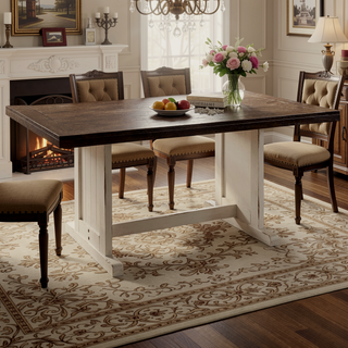 Sunvega Mahogany and Mindi Wood Rectangular Plank Top Dining Table with Off White Trestle Base