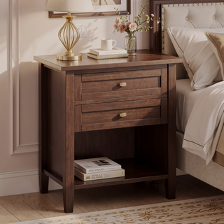 Sunvega Russet Brown Solid Wood Transitional Nightstand with Two Drawers and Shelf