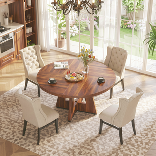 Sunvega 47 Inch Round Wood Dining Table with Walnut Finish for 4-6 Seating