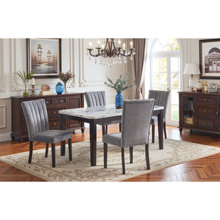 Sunvega Transitional Dining Table with Faux White Marble Top and Black Wood Base