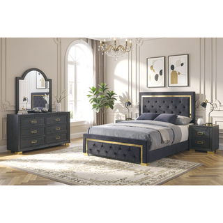 Sunvega Glam Style Black Nightstand with Gold Metal Hardware and Two Drawers