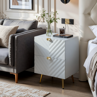 Sunvega Grey High Gloss Modern Nightstand with Two Drawers and Gold Finish