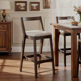 Sunvega Dark Brown Rubberwood Barstool with Beige Upholstery and Thick Cushioned Seat Set of 2
