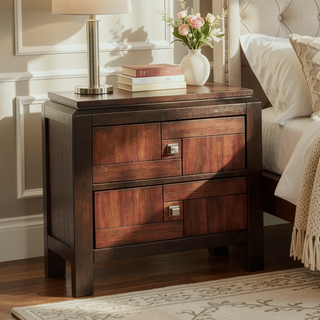 Sunvega Transitional Solid Wood Nightstand with Square Chrome Knobs in Acacia Walnut