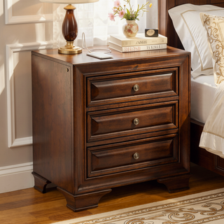 Sunvega Brown Cherry Solid Wood Transitional Nightstand with USB Outlet and Nightlight