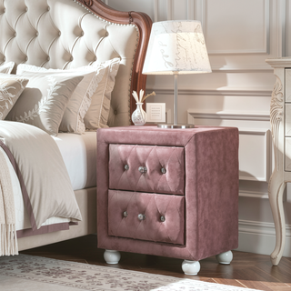 Sunvega Pink 2-Drawer Nightstand with Crystal Knobs and Padded Base