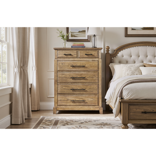 Sunvega Elm Veneer 6-Drawer Chest with Industrial Hardware in Caramel Finish