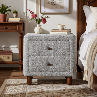 Sunvega Classic Gray Two Drawer Nightstand with Plush Boucle Upholstery and Wooden Legs